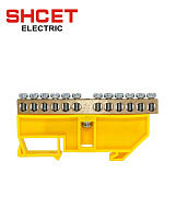 Шина PE нулевая 6х9 12/1 с желтым изолятором на дин-рейку Шина PE нулевая 6х9 12/1 с желтым изолятором на дин-рейку