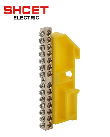 Шина PE нулевая 6х9 14/1 с желтым изолятором на дин-рейку Шина PE нулевая 6х9 14/1 с желтым изолятором на дин-рейку