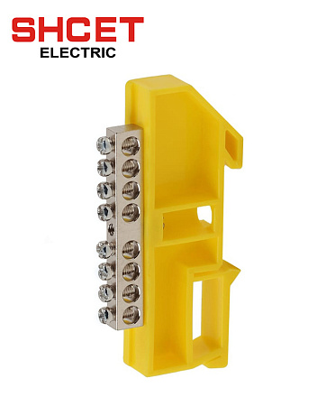 Шина PE нулевая 6х9 8/1 с желтым изолятором на дин-рейку Шина PE нулевая 6х9 8/1 с желтым изолятором на дин-рейку