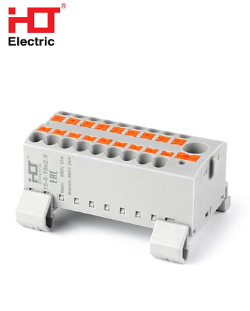 Распределительные блоки ПНК-15 на дин-рейку (ввод 6мм/отходящие 18*2.5мм) HLT Распределительные блоки ПНК-15 на дин-рейку (ввод 6мм/отходящие 18*2.5мм) HLT