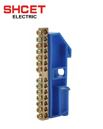 Шина N нулевая 6х9 14/1 с синим изолятором на дин-рейку Шина N нулевая 6х9 14/1 с синим изолятором на дин-рейку